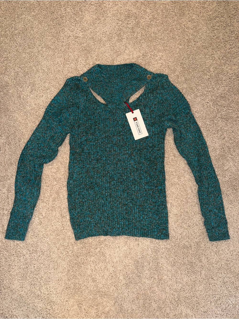 Zara Teal Button-Shoulder Crew Neck Sweater